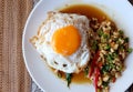 Chicken basil and fried eggs white rice Royalty Free Stock Photo