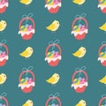 A chicken and a basket of Easter eggs on a green background. Vector seamless pattern in flat style Royalty Free Stock Photo