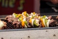 Chicken, beef and onion kabobs on a barbecue grill Royalty Free Stock Photo