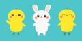Chicken bird, bunny set line banner. White rabbit chick head. Egg shape. Happy Easter. Cute cartoon kawaii baby character. Funny