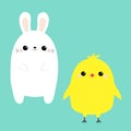 Chicken bird, bunny set. White rabbit baby chick head face. Happy Easter. Cute cartoon kawaii funny character. Friends forever. Royalty Free Stock Photo