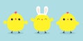Chicken bird set line. Face head wearing rabbit bunny ears band. Cute cartoon funny kawaii baby character. Happy Easter. Friends