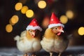 Chicken birds with Christmas hats. Generate ai