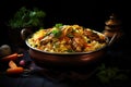 Chicken Biryani with basmati rice, indian cuisine, Indian chicken biryani with rice and vegetables on a Black background, AI Royalty Free Stock Photo