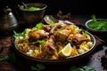 Chicken Biryani with basmati rice and spices, selective focus, Chicken biryani Spicy Indian Malabar biryani Hyderabadi biryani, AI Royalty Free Stock Photo