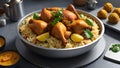 Chicken biryani on a kitchen countertop.