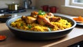 Chicken biryani on a kitchen countertop.