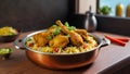 Chicken biryani on a kitchen countertop.