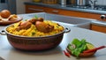 Chicken biryani on a kitchen countertop.