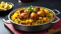 Chicken biryani on a kitchen countertop.