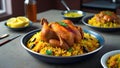 Chicken biryani on a kitchen countertop.