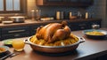 Chicken biryani on a kitchen countertop.