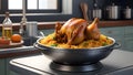 Chicken biryani on a kitchen countertop.