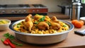 Chicken biryani on a kitchen countertop.