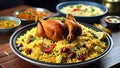 Chicken biryani on a kitchen countertop.