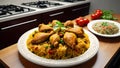 Chicken biryani on a kitchen countertop.