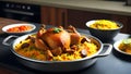 Chicken biryani on a kitchen countertop.