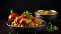 chicken biryani with chicken, onions, cashewnut paste, tomatoes,cup of basmoti rice Royalty Free Stock Photo