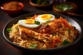 Chicken Biryani rice with eggs in a bowl with Indian food AI generated