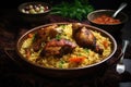 Chicken Biryani with Rice and Vegetables on Dark Background, Chicken kabsa, homemade arabian rice, AI Generated Royalty Free Stock Photo