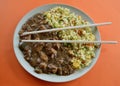 Chicken with black bean sauce and fried rice Royalty Free Stock Photo