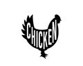 Chicken black silhouette with lettering. Chicken symbol. Chick silhouette. Farm bird icon isolated on white background. Royalty Free Stock Photo