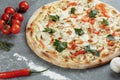 Chicken-blue pizza with tomato, mozzarella and Dor Blue cheeses on gray background