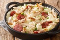 Chicken bog is a delicious chicken, rice and sausage dish closeup in the pan. Horizontal Royalty Free Stock Photo