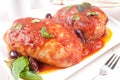 Chicken braised with basil, tomato sauce and olives Royalty Free Stock Photo