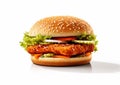 Chicken breaded fillet burger with lettuce,tomato,onion and sauce on white background.Macro.Ai Generative Royalty Free Stock Photo