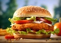Chicken breaded fillet burger with lettuce,tomato,onion and sauce on wooden table.Macro.Ai Generative Royalty Free Stock Photo