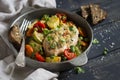 Chicken breast baked with vegetables in a vintage scourage Royalty Free Stock Photo