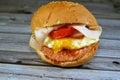 Chicken breast burger with fried egg, tomato slice, smoked turkey ham in a bun bread sandwich with ketchup and mayonnaise,