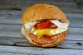 Chicken breast burger with fried egg, tomato slice, smoked turkey ham in a bun bread sandwich with ketchup and mayonnaise,