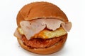 Chicken breast burger with fried egg, tomato slice, smoked turkey ham in a bun bread sandwich with ketchup and mayonnaise,