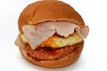Chicken breast burger with fried egg, tomato slice, smoked turkey ham in a bun bread sandwich with ketchup and mayonnaise,
