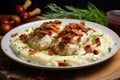 Chicken breast dish with dried tomatoes, parmesan cheese with potato pore