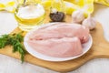 Chicken breast fillet in plate on board Royalty Free Stock Photo