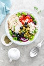 Chicken breast grilled and Greek salad with chickpeas and feta cheese Royalty Free Stock Photo