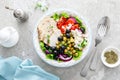 Chicken breast grilled and Greek salad with chickpeas and feta cheese Royalty Free Stock Photo