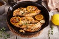 Chicken breast meat fillet roasted with thyme, lemon and mustard sauce Royalty Free Stock Photo