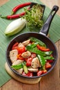 Chicken breast meat and vegetables on frying pan Royalty Free Stock Photo