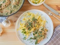 Chicken breast with pasta and creamy spinach, vegetable sauce on a plate with pan on wooden table Royalty Free Stock Photo