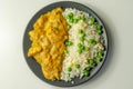 Chicken breast pieces in a mildly spiced coconut curry sauce with fried rice with peas and egg Royalty Free Stock Photo