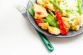 Chicken breast pieces in a Thai red curry sauce made with coconut cream, red chillies, lemongrass, lime leaf, with fragrant rice, Royalty Free Stock Photo