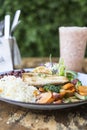 Chicken breast with rice salad, beans, carrots, broccoli, lettuce, red cabbage and a fruit juice Royalty Free Stock Photo