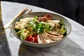 Chicken breast salad, couscous, hummus, avocado and mozzarella Royalty Free Stock Photo