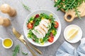 Chicken breast salad. Fresh vegetable salad with tomato, pepper, arugula and grilled chicken breast in bowl, healthy food Royalty Free Stock Photo