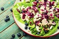 Chicken breast salad, greens, blueberries