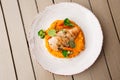 Chicken breast steak with carrot puree baby carrot and broccoli. Grilled chicken slice with baby carrot puree. wooden Royalty Free Stock Photo